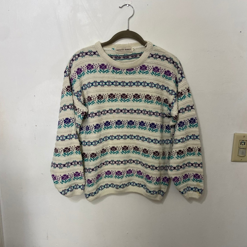 Sweater‎ Market Copenhagen Denmark Cream Floral Knit Nordic Sweater Size S Read